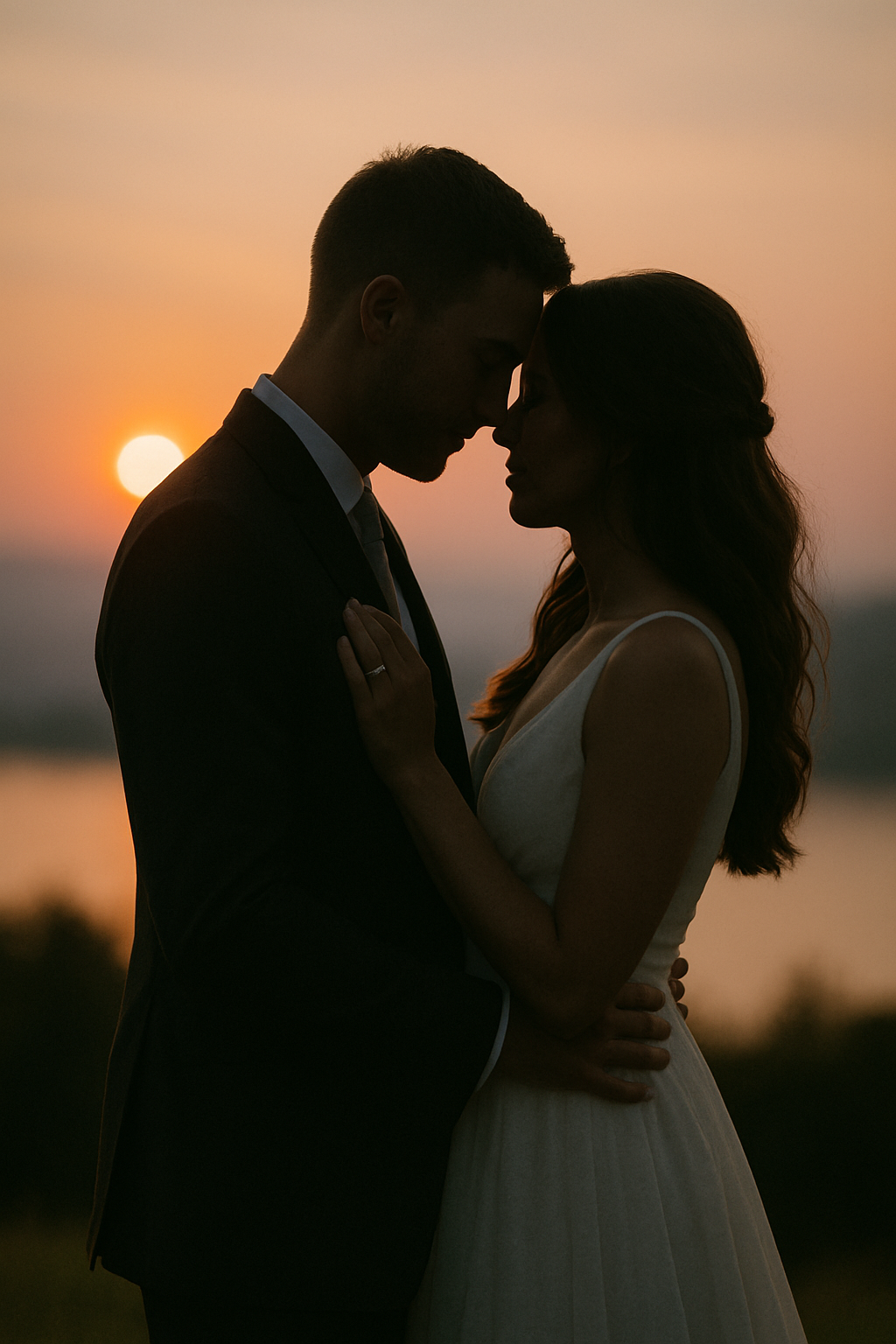 a man and a woman standing in front of a sunset